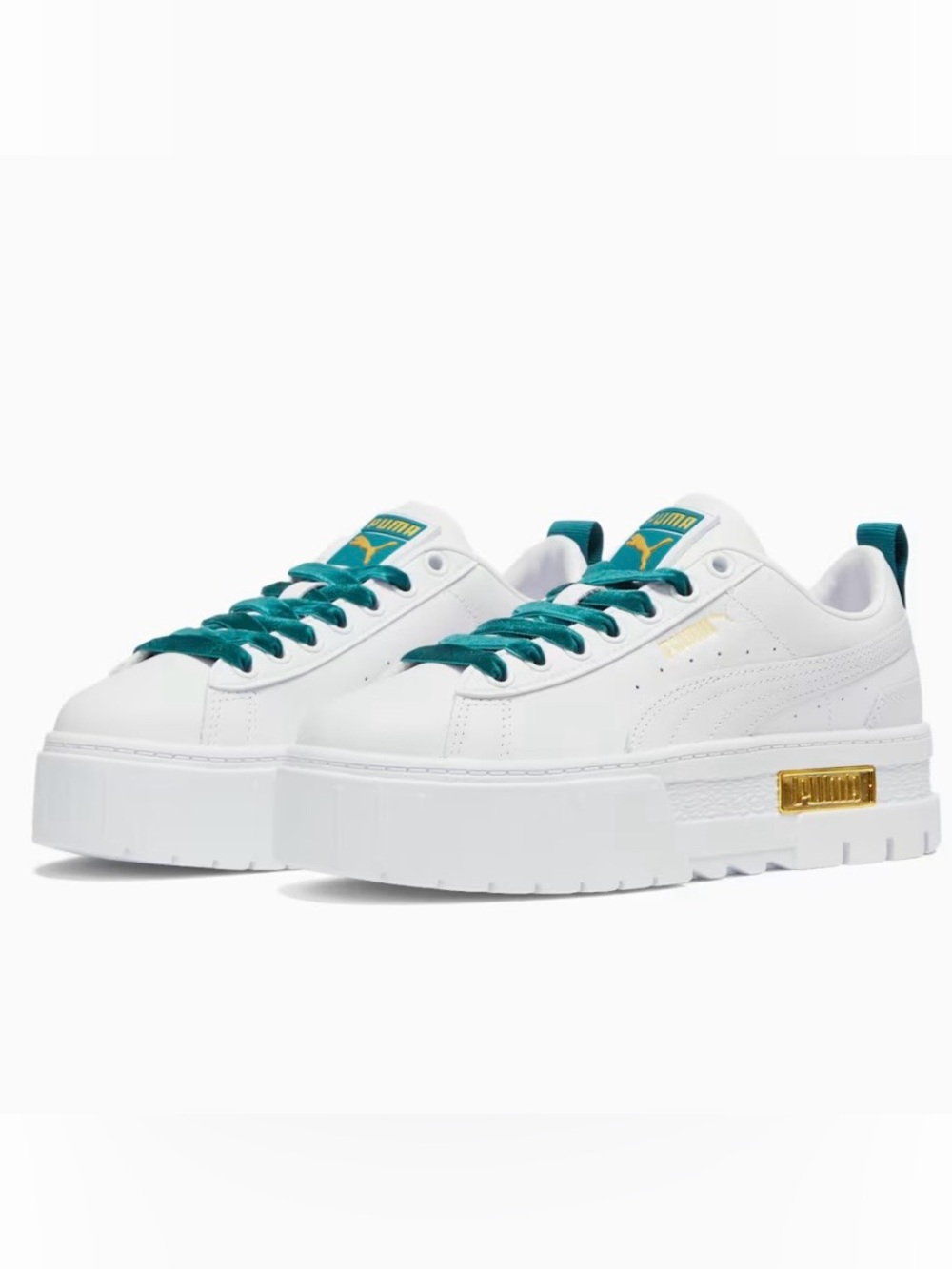 Puma White Platform Sneakers with Dark Green Velvet Laces